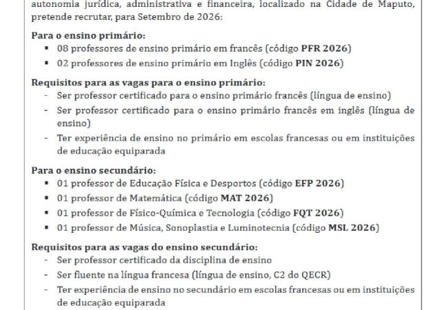 14 Vagas para Professores – Ensino primário e secundário – Portal Emprego